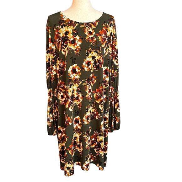 Madison Leigh Woman Size 20W Shift Dress Green Floral Long Sleeve Stretch Fall - Picture 1 of 8
